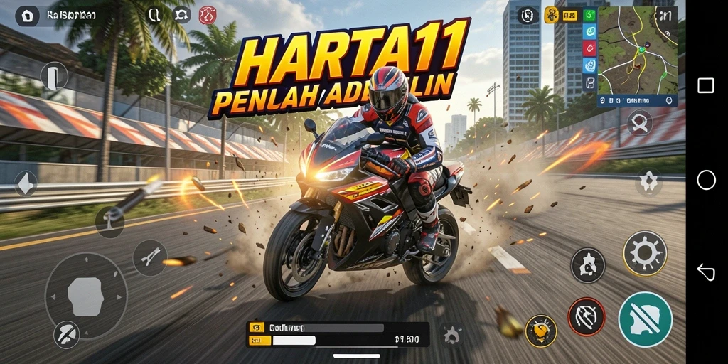 Tangkapan layar HARTA11 menampilkan aksi balapan motor yang seru dan mendebarkan.